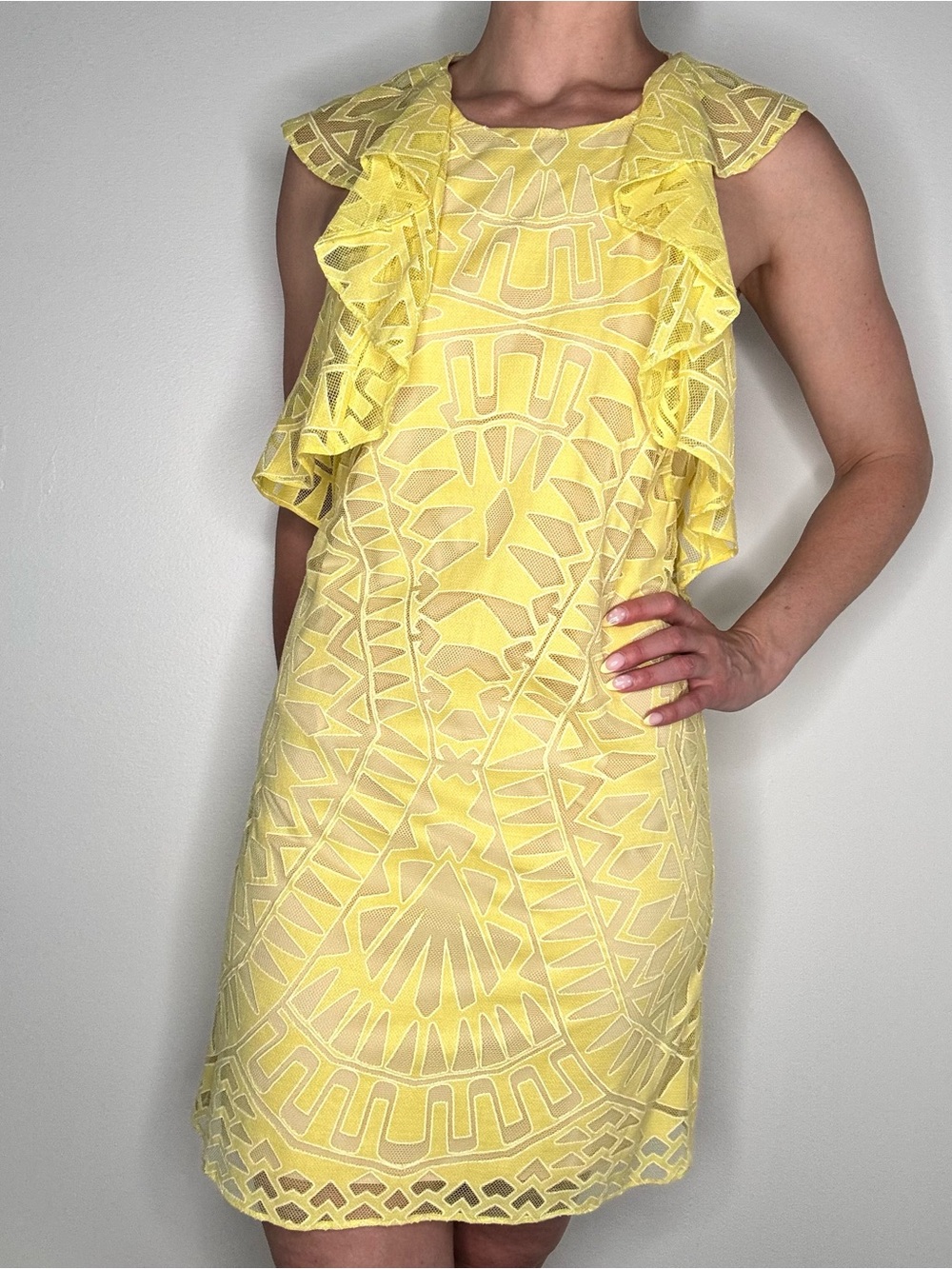 BCBG Maxazria yellow lace geometric mini dress size xxs